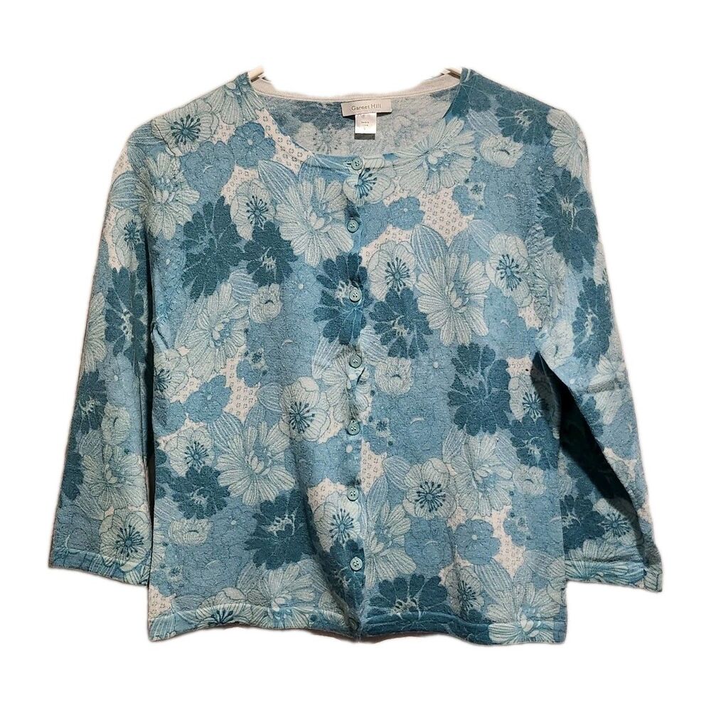 Garnet Hill 100% Wool Floral 3/4 Sleeve Cardigan Sweater Blue Size Large (Flaws)